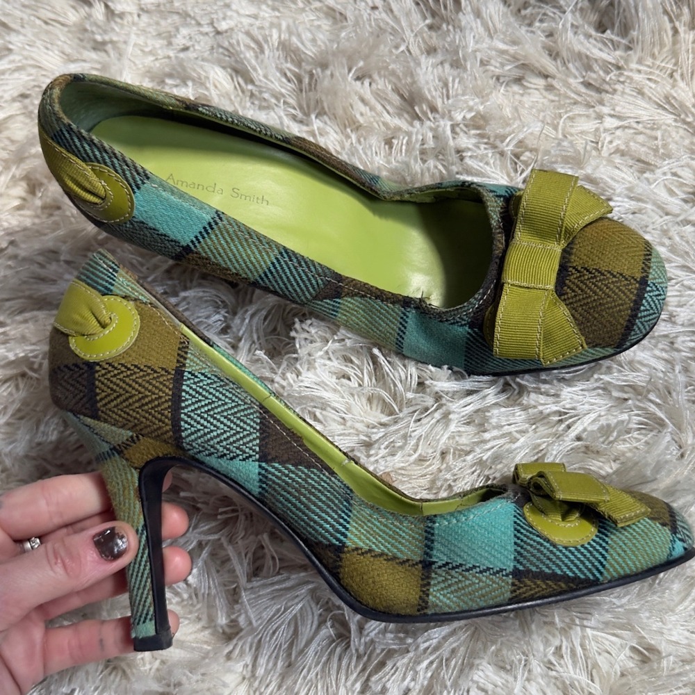 Amanda Smith Plaid Bow Pointed Toe Stiletto Pumps Green Y2K Heels 8M